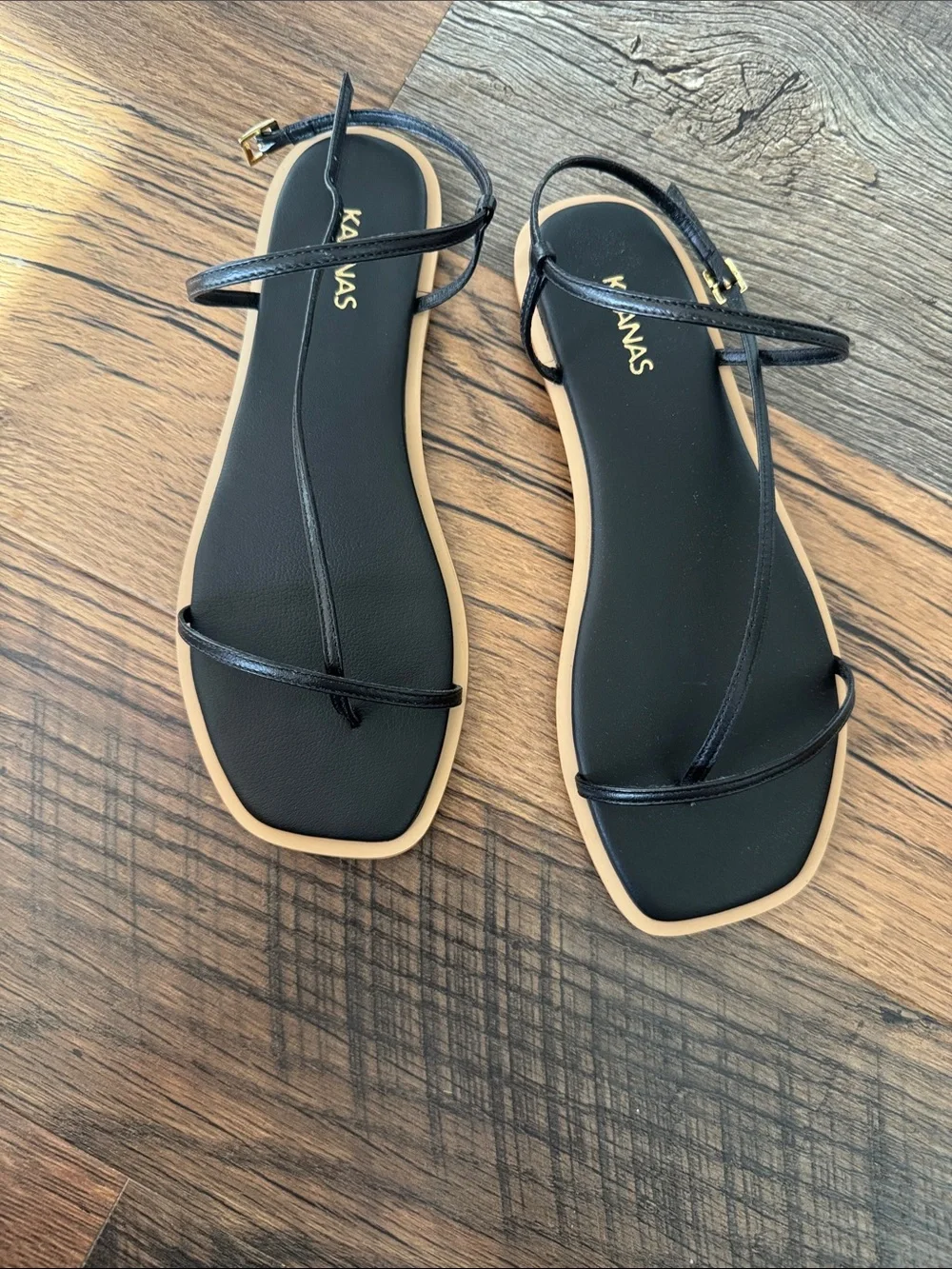 Kaanas Black Strappy Square-Toe Flat Sandals with Tan Trim